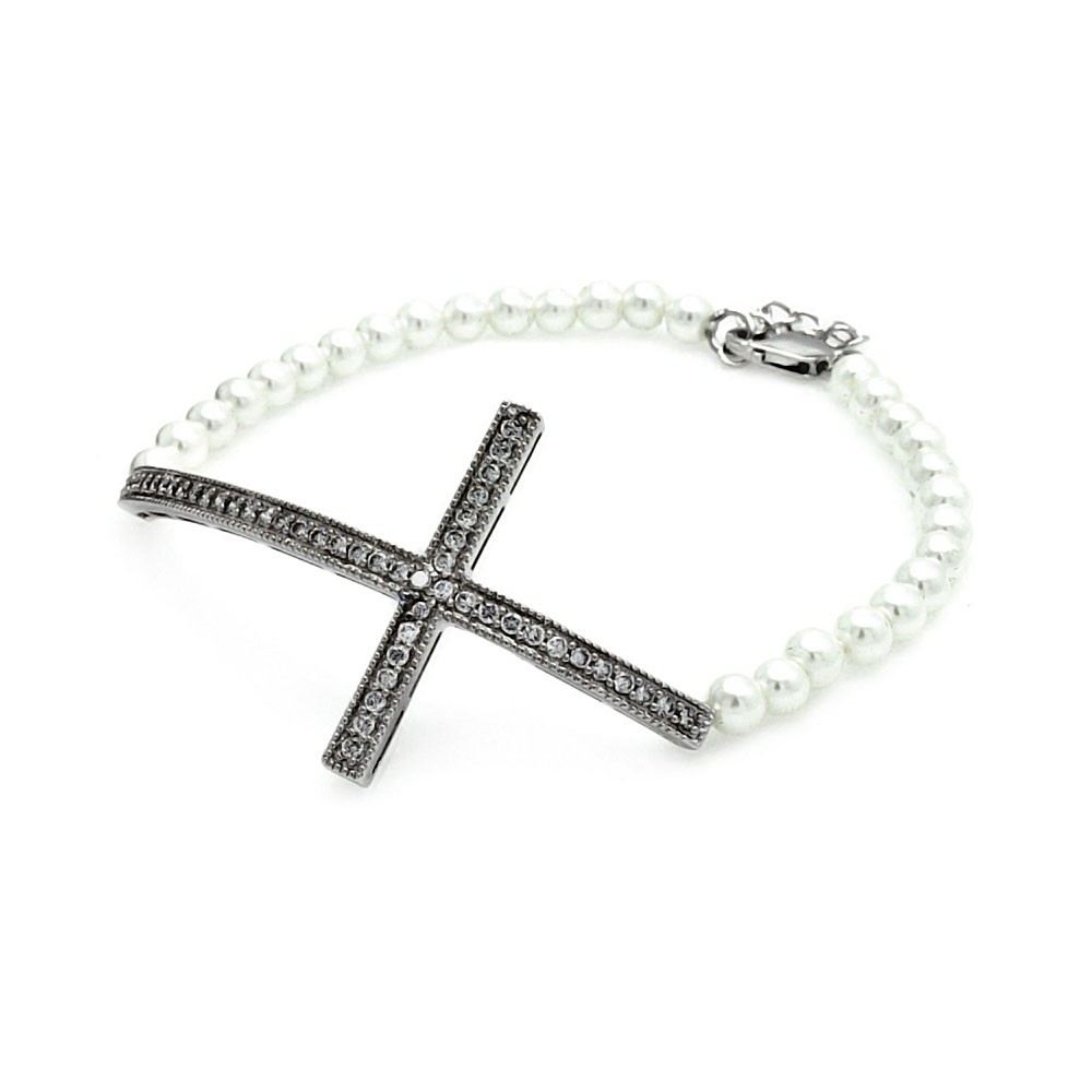 Pearl Bead Bracelet with Sterling Silver Sideways Cross Charm Paved with Clear Simulated Diamonds