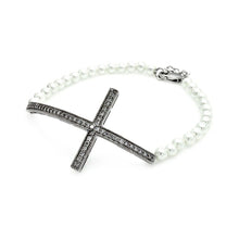 Load image into Gallery viewer, Pearl Bead Bracelet with Sterling Silver Sideways Cross Charm Paved with Clear Simulated Diamonds