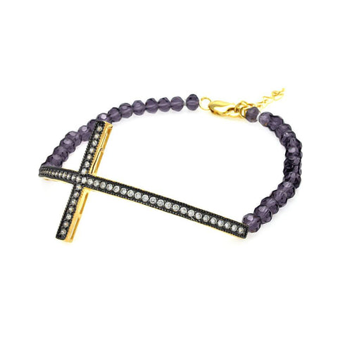 Bead Bracelet with Sterling Silver Black & Yellow Gold Plated Sideways Cross Charm Paved with Simulated Diamonds