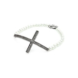 Pearl Bead Bracelet with Sterling Silver Sideways Cross Charm Paved with Clear Simulated Diamonds