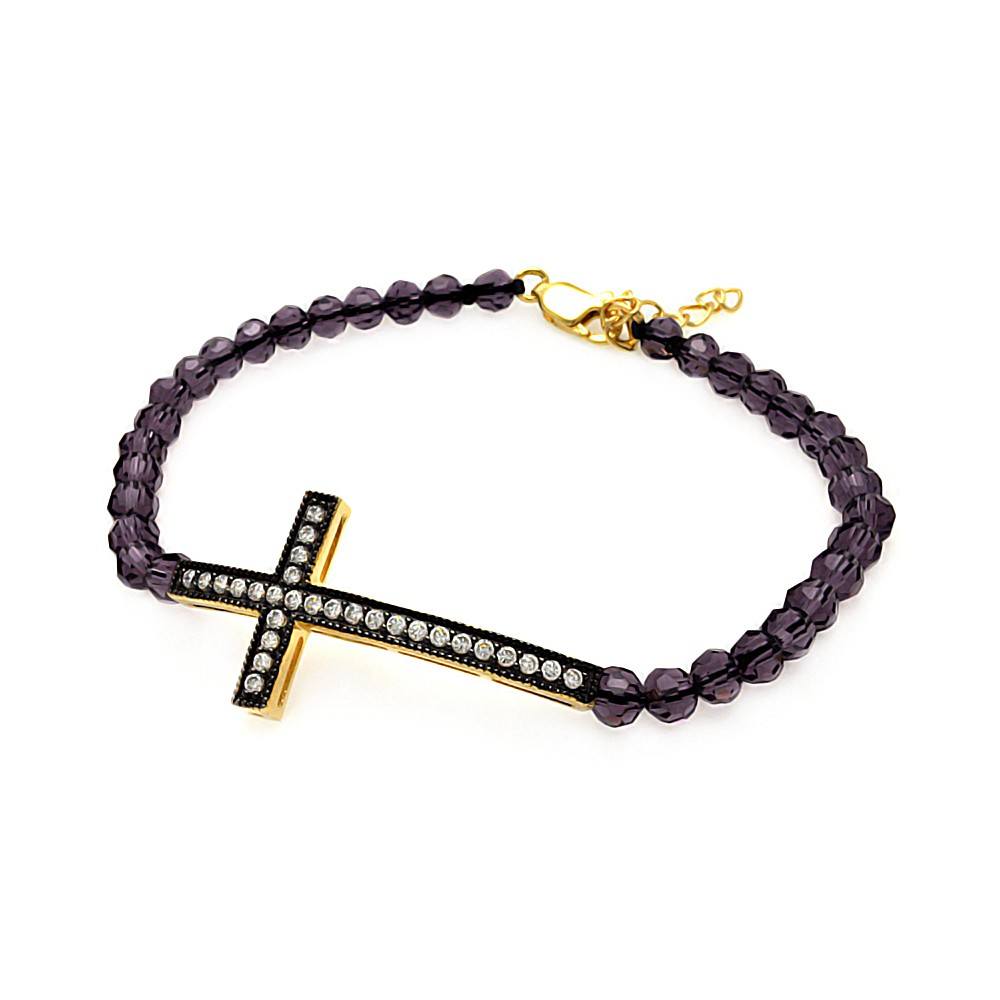 Bead Bracelet with Sterling Silver Black & Yellow Gold Plated Sideways Cross Charm Paved with Simulated Diamonds