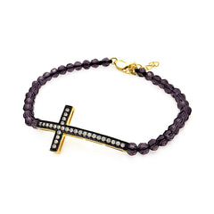 Bead Bracelet with Sterling Silver Black & Yellow Gold Plated Sideways Cross Charm Paved with CZ