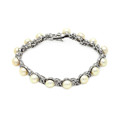 Sterling Silver Rhodium CZ Center Fresh Water Pearl Bracelet