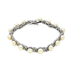 Sterling Silver Rhodium CZ Center Fresh Water Pearl Bracelet