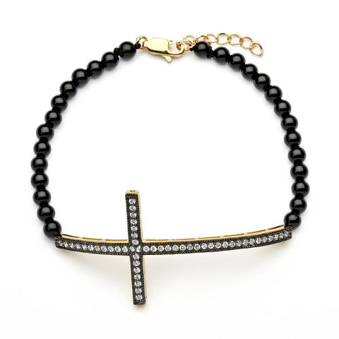 Bead Bracelet with Sterling Silver Black & Yellow Gold Plated Sideways Cross Charm Paved with Simulated Diamonds