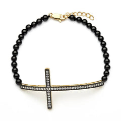 Bead Bracelet with Sterling Silver Black & Yellow Gold Plated Sideways Cross Charm Paved with CZ