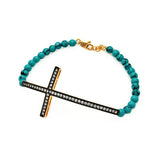 Turquoise Bead Bracelet with Sterling Silver Black & Yellow Gold Plated Sideways Cross Charm Paved with Clear Simulated Diamonds