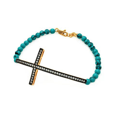 Turquoise Bead Bracelet with Sterling Silver Black & Yellow Gold Plated Sideways Cross Charm Paved with Clear CZ