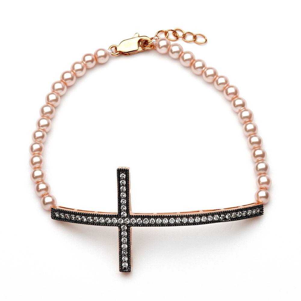 Sterling Silver Gold and Black Rhodium Plated Sideways Cross CZ Champagne Pearl Bracelet
