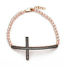 Load image into Gallery viewer, Sterling Silver Gold and Black Rhodium Plated Sideways Cross CZ Champagne Pearl Bracelet
