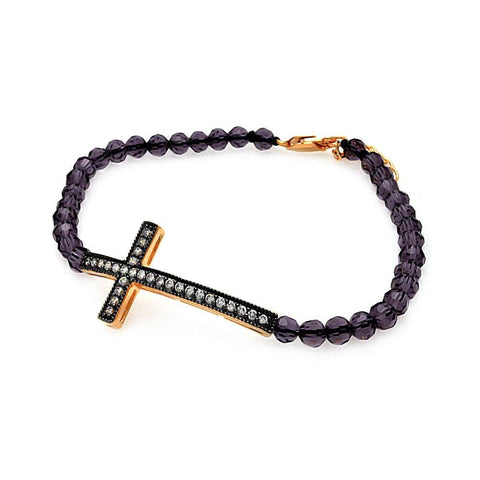 Bead Bracelet with Sterling Silver Black & Yellow Gold Plated Sideways Cross Charm Paved with Simulated Diamonds