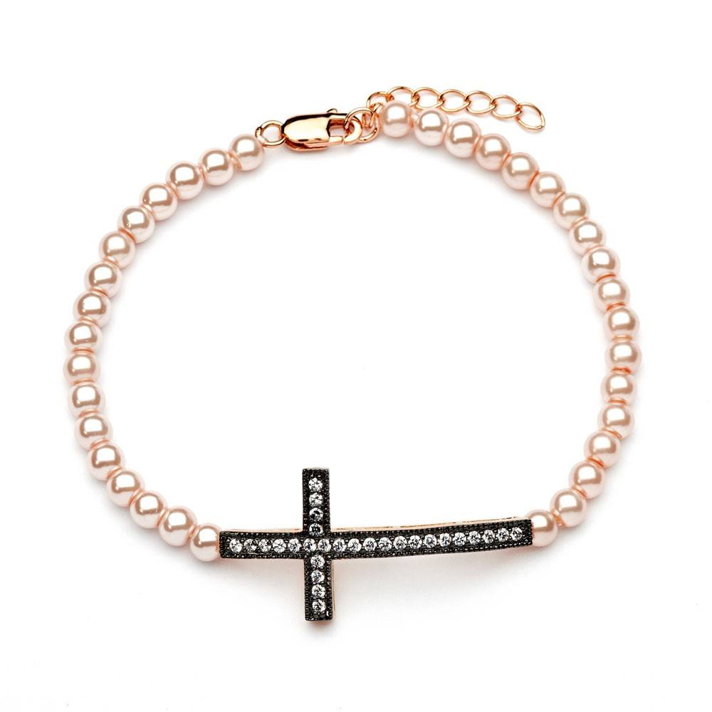 Rose Pearl Bead Bracelet with Sterling Silver Black Plated Sideways Cross Charm Paved with Clear CZ