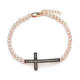 Rose Pearl Bead Bracelet with Sterling Silver Black Plated Sideways Cross Charm Paved with Clear Simulated Diamonds
