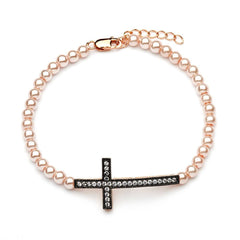 Rose Pearl Bead Bracelet with Sterling Silver Black Plated Sideways Cross Charm Paved with Clear CZ