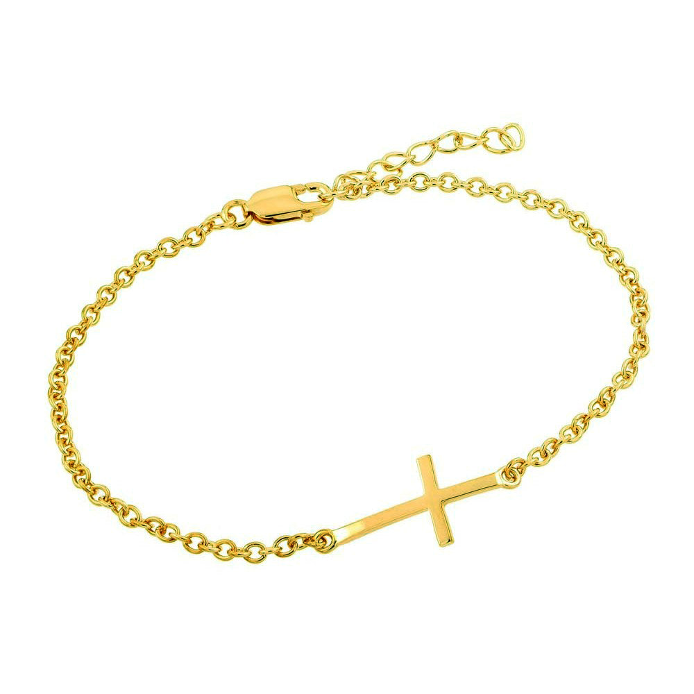 Sterling Silver Gold Plated Sideways Cross CZ Bracelet