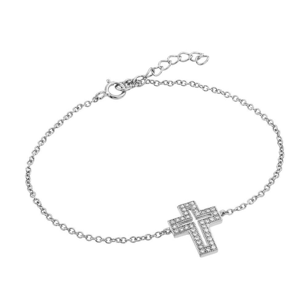 Sterling Silver Bracelet with Open Cross Charm Paved with Clear Simulated Diamonds