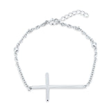 Sterling Silver Rhodium Plated Sideways Cross CZ Bracelet