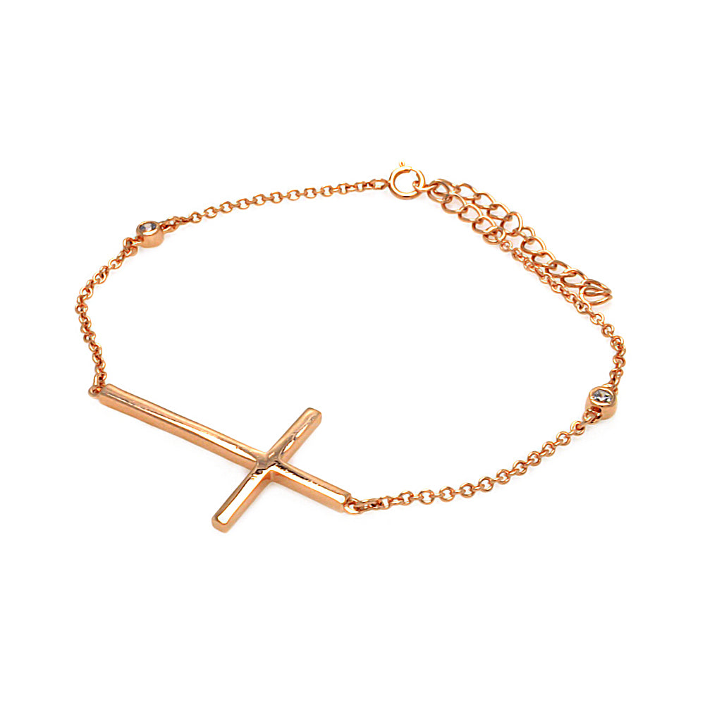 Sterling Silver Rose Gold Plated Cross Chain Bracelet With CZ