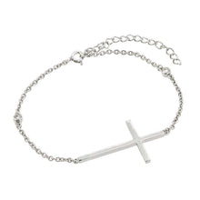 Load image into Gallery viewer, Sterling Silver Bracelet with Two Clear Simulated Dimonds and Sideways Thin Plain Cross Charm