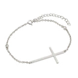 Sterling Silver Bracelet with Two Clear Simulated Dimonds and Sideways Thin Plain Cross Charm