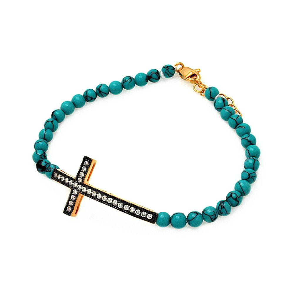 Turquoise Bead Bracelet with Sterling Silver Black & Yellow Gold Plated Sideways Cross Charm Paved with Simulated Diamonds