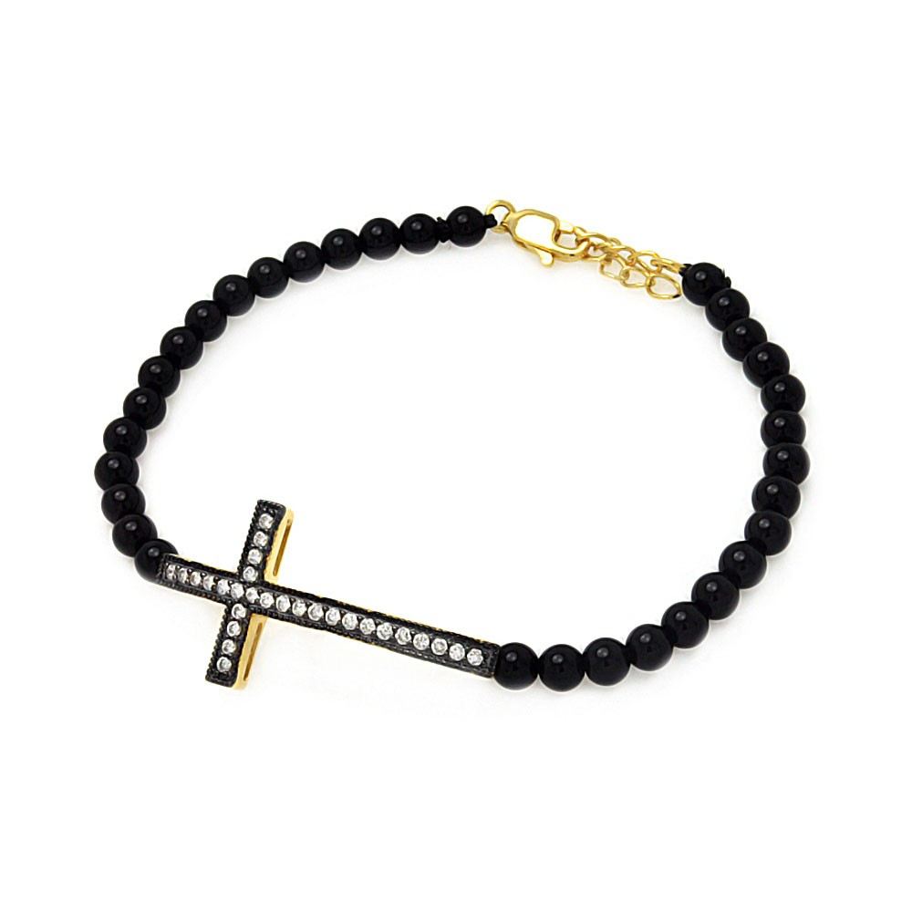 Bead Bracelet with Sterling Silver Black & Yellow Gold Plated Sideways Cross Charm Paved with Simulated Diamonds