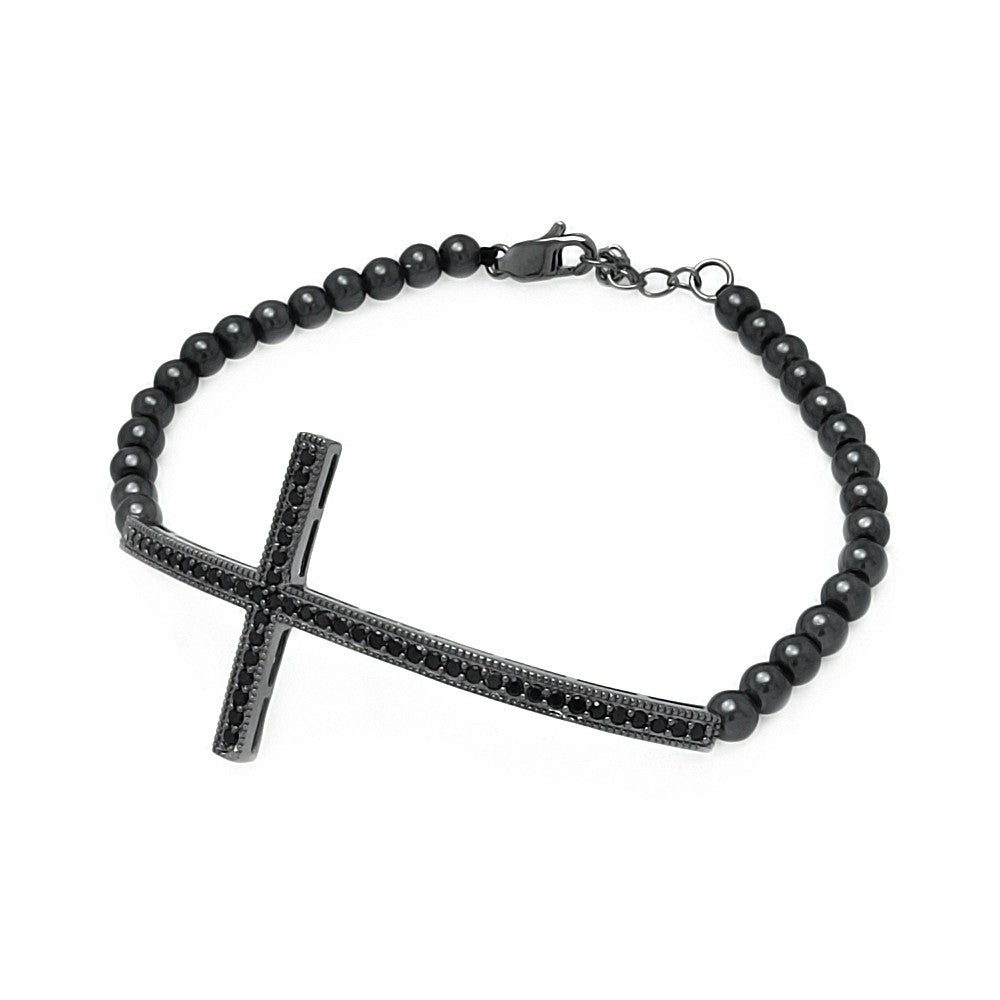 Black Bead Bracelet with Sterling Silver Black Plated Sideways Cross Charm Paved with Black Simulated Diamonds