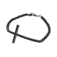 Load image into Gallery viewer, Black Bead Bracelet with Sterling Silver Black Plated Sideways Cross Charm Paved with Black Simulated Diamonds