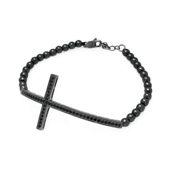 Black Bead Bracelet with Sterling Silver Black Plated Sideways Cross Charm Paved with Black CZ