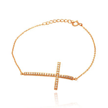 Load image into Gallery viewer, Sterling Silver Rose Gold Plated Sideways Cross CZ Bracelet