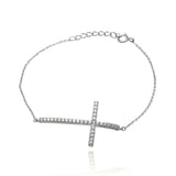 Sterling Silver Bracelet with Sideways Cross Charm Paved with Clear Simulated Diamonds