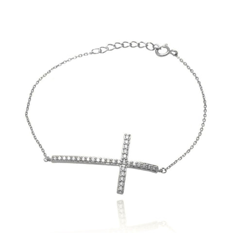 Sterling Silver Bracelet with Sideways Cross Charm Paved with Clear Simulated Diamonds