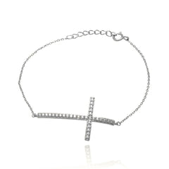 Sterling Silver Bracelet with Sideways Cross Charm Paved with Clear CZ