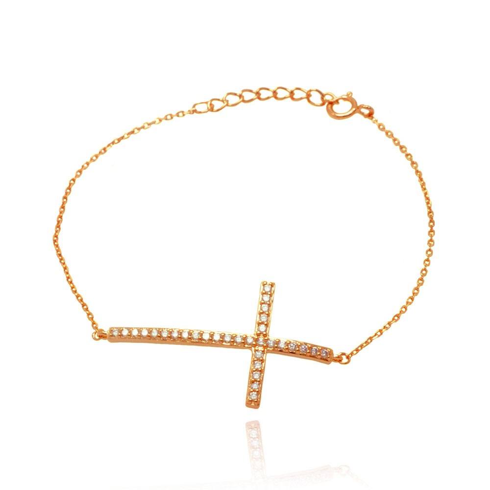 Sterling Silver Rose Gold Plated Bracelet with Thin Sideways Cross Charm Paved with Clear Simulated Diamonds