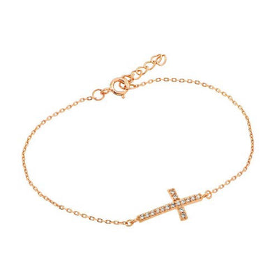 Sterling Silver Rose Gold Plated Sideways Cross CZ Bracelet