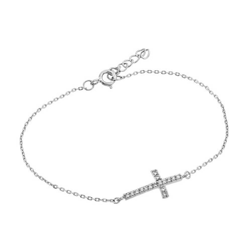 Sterling Silver Rhodium Plated Sideways Cross CZ Bracelet