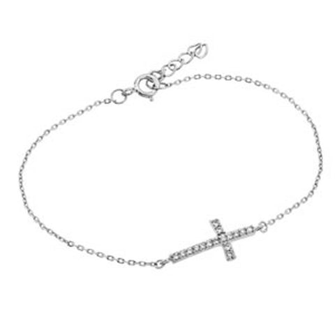 Sterling Silver Bracelet with Sideways Cross Charm Paved with Clear Simulated Diamonds