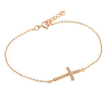 Load image into Gallery viewer, Sterling Silver Rose Gold Plated Bracelet with Sideways Cross Charm Paved with Clear Simulated Diamonds