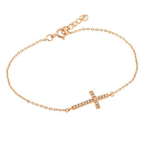 Sterling Silver Rose Gold Plated Bracelet with Sideways Cross Charm Paved with Clear Simulated Diamonds