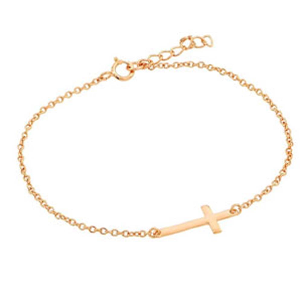 Sterling Silver Rose Gold Plated Bracelet with Small Sideways Cross Charm