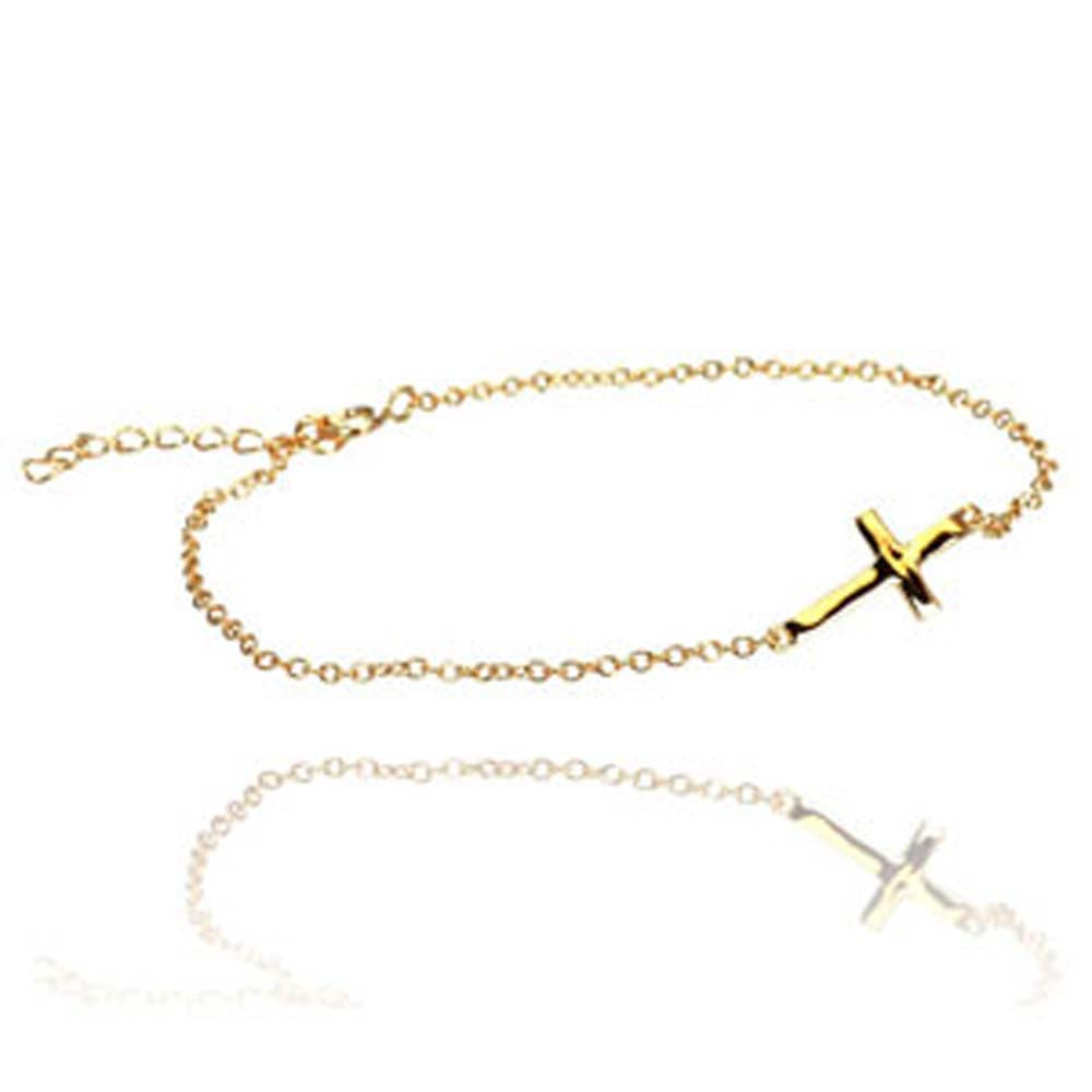Sterling Silver Yellow Gold Plated Bracelet with Small Sideways Cross Charm