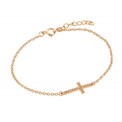 Sterling Silver Rose Gold Plated Sideways Cross CZ Bracelet