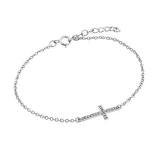 Load image into Gallery viewer, Sterling Silver Bracelet with Sideways Cross Charm Paved with Clear Simulated Diamonds