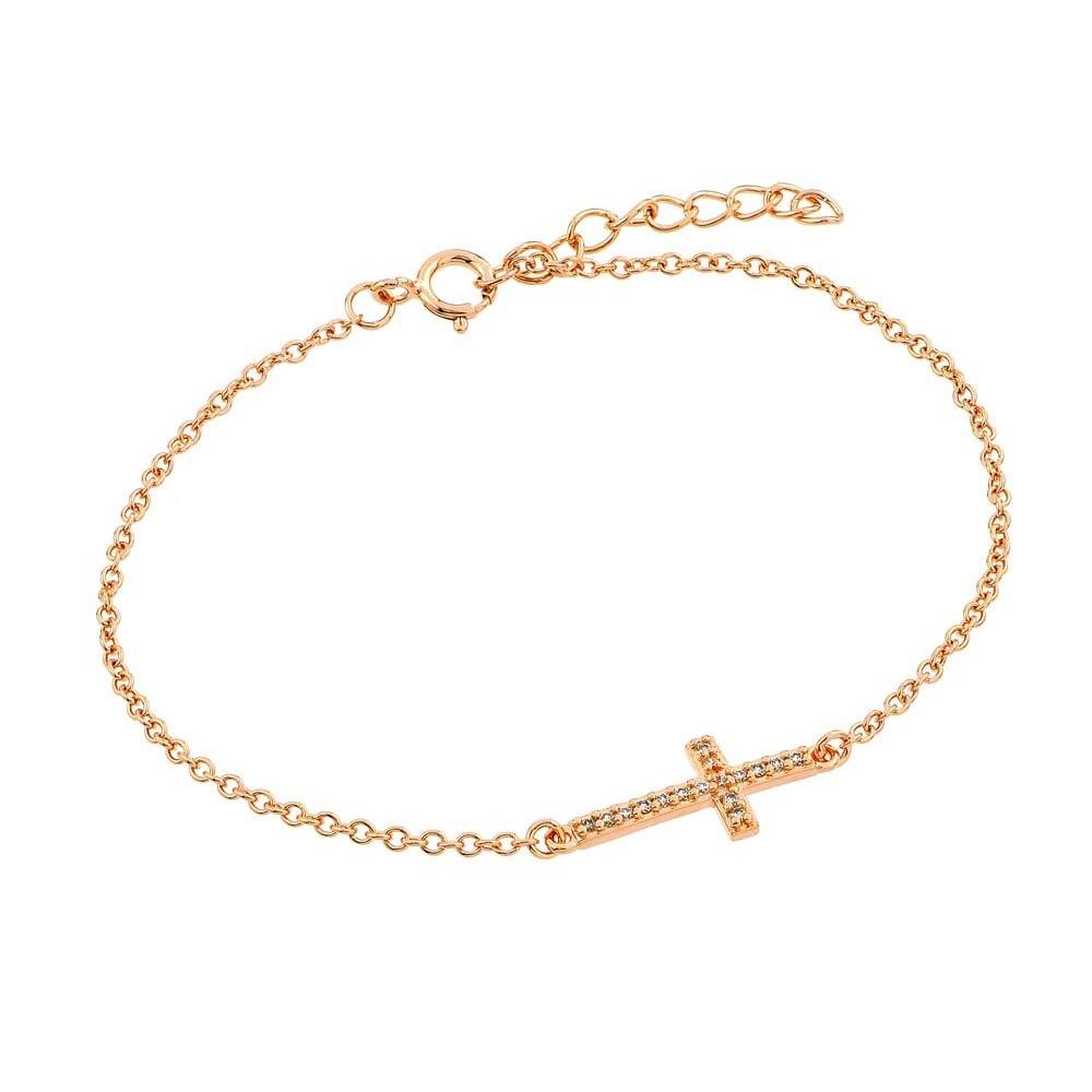 Sterling Silver Yellow Gold Plated Bracelet with Sideways Cross Charm Paved with Clear Simulated Diamonds
