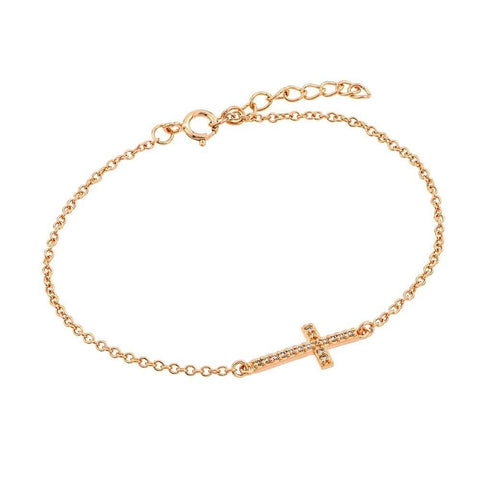 Sterling Silver Yellow Gold Plated Bracelet with Sideways Cross Charm Paved with Clear Simulated Diamonds