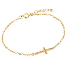 Load image into Gallery viewer, Sterling Silver Yellow Gold Plated Bracelet with Sideways Cross Charm Paved with Clear Simulated Diamonds