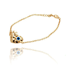 Load image into Gallery viewer, Sterling Silver Yellow Gold Plated Bracelet with Fancy Heart Charm with Evil Eye