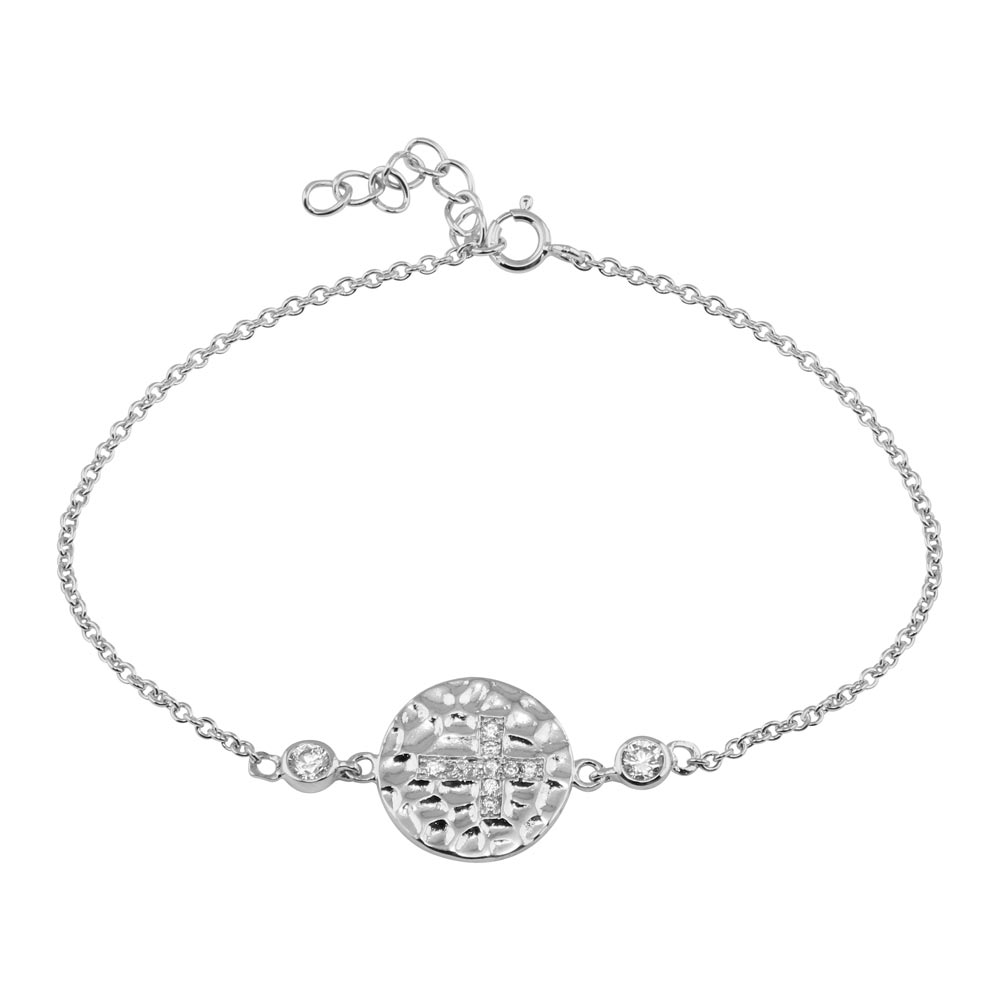 Sterling Silver Bracelet Circle Charm Inlaid with Clear Simulated Diamonds