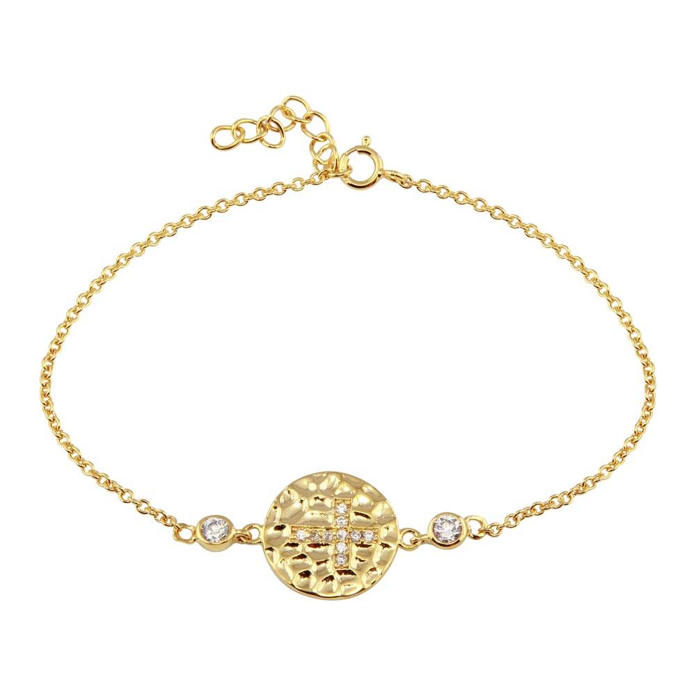 Sterling Silver Yellow Gold Plated Bracelet Circle Charm Inlaid with Clear Simulated Diamonds