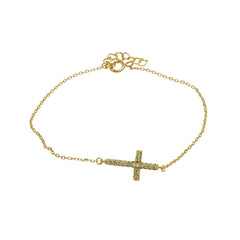 Sterling Silver Yellow Gold Plated Bracelet with Small Sideways Cross Charm Paved with Clear CZ